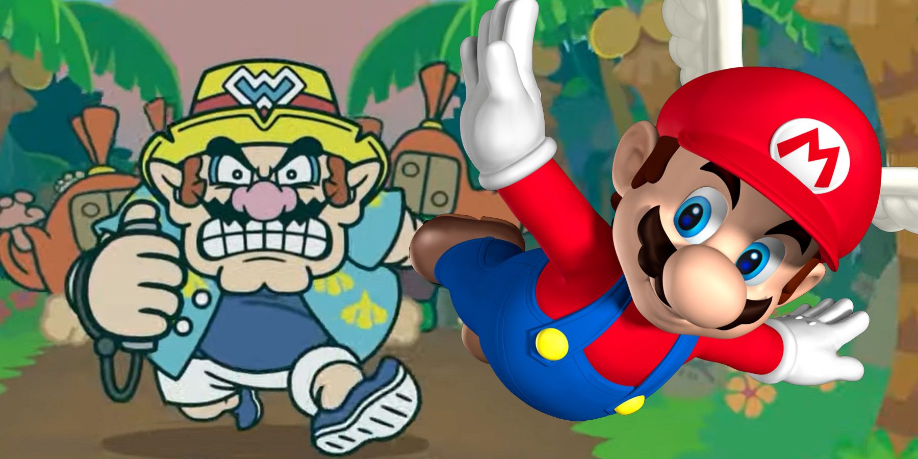 A screenshot of Wario running from an angry crowd in WarioWare Move It, with a winged Mario from Super Mario 64 flying alongside him.