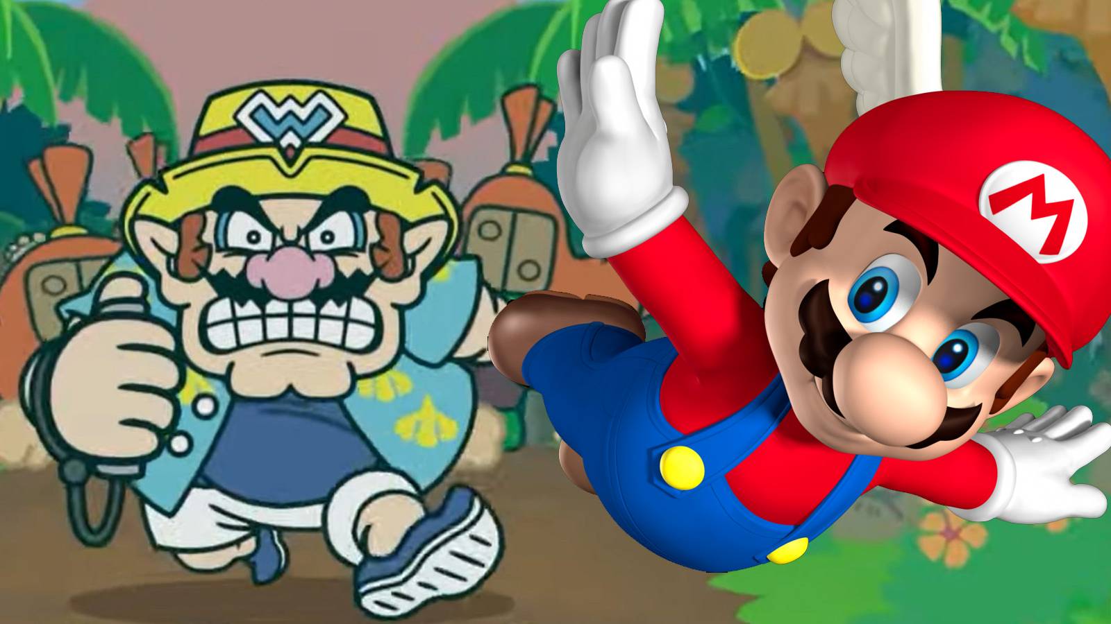 A screenshot of Wario running from an angry crowd in WarioWare Move It, with a winged Mario from Super Mario 64 flying alongside him.