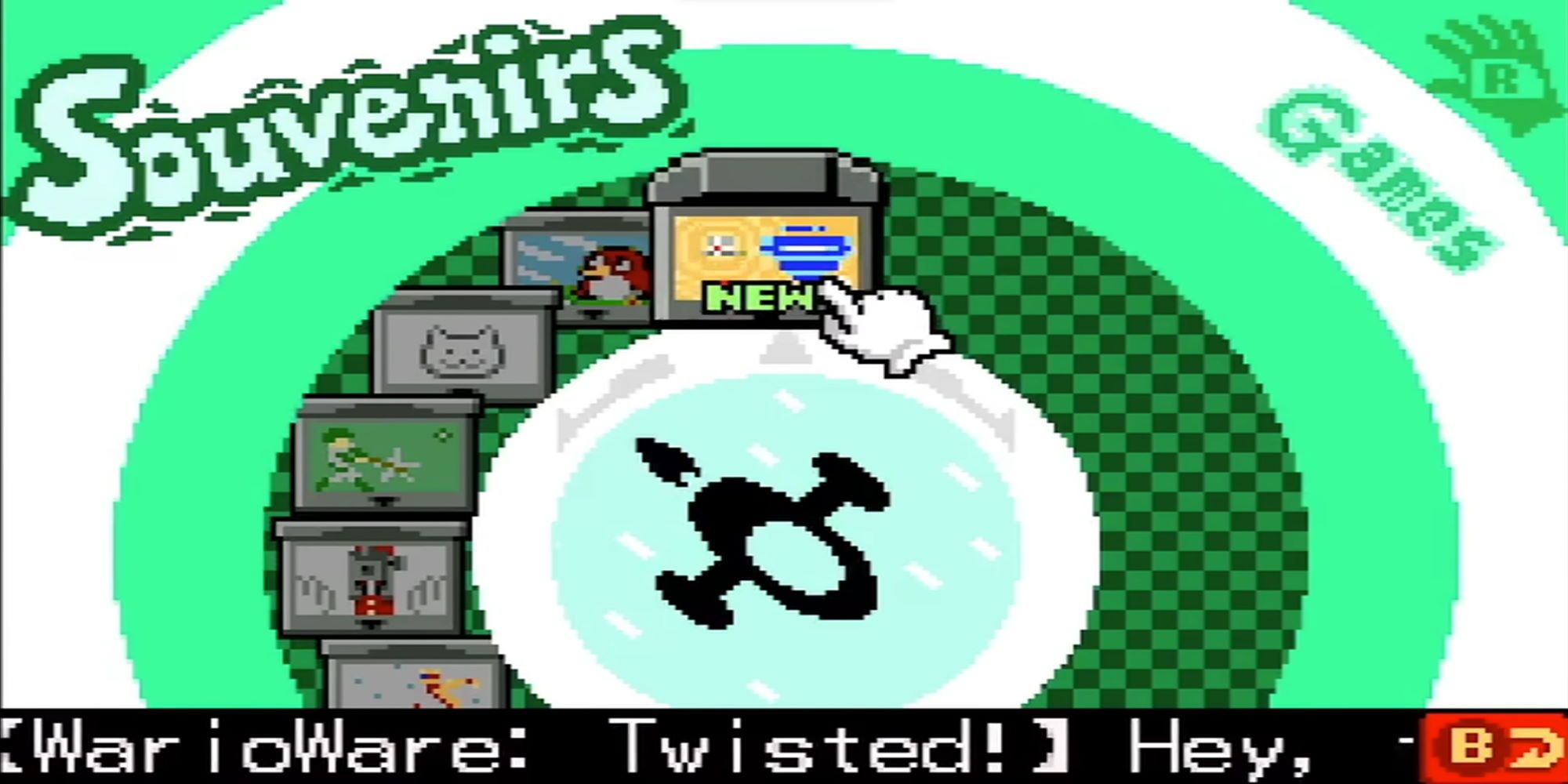 A white glove pointing at a copy of WarioWare Twisted! in the Souvenirs