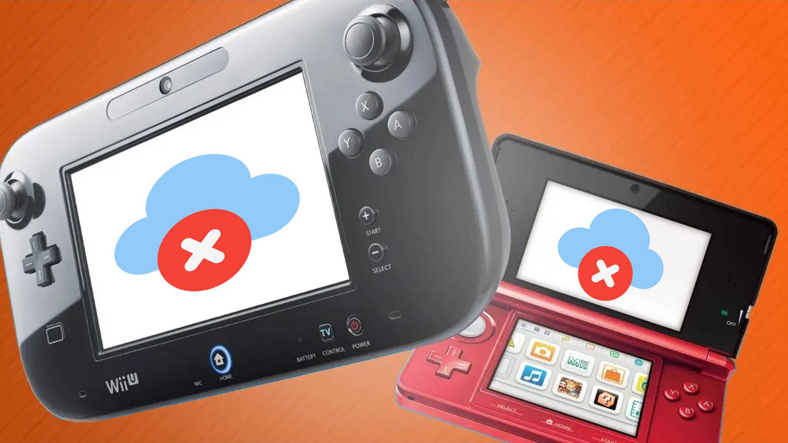 Wii U controller and red 3DS displaying crossed out cloud icon