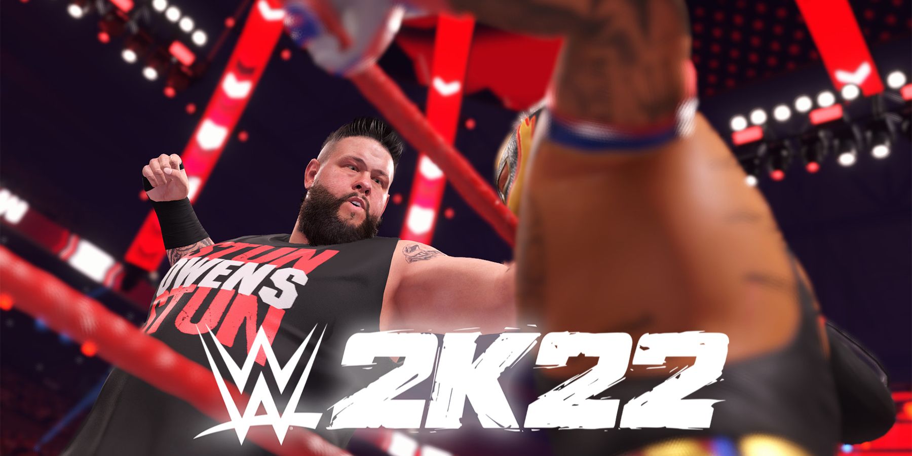 WWE 2K22 mid-punch promo screenshot with game logo