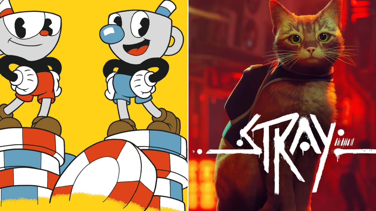 Cuphead and Mugman from Cuphead, stood upon a pile of casino chips, next to the ginger cat from Stray