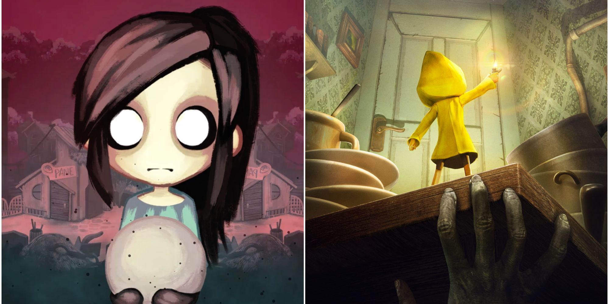 X Games Where You Play As A Child: Lucy from Children of Silentown holding an orb, beside Six from Little Nightmares in a yellow raincoat holding a light as a creepy hand reaches for her