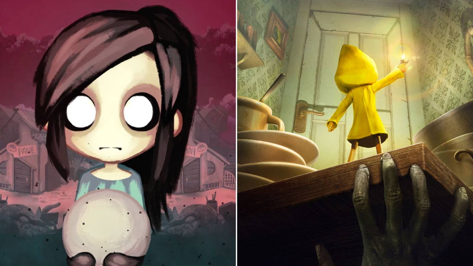 X Games Where You Play As A Child: Lucy from Children of Silentown holding an orb, beside Six from Little Nightmares in a yellow raincoat holding a light as a creepy hand reaches for her