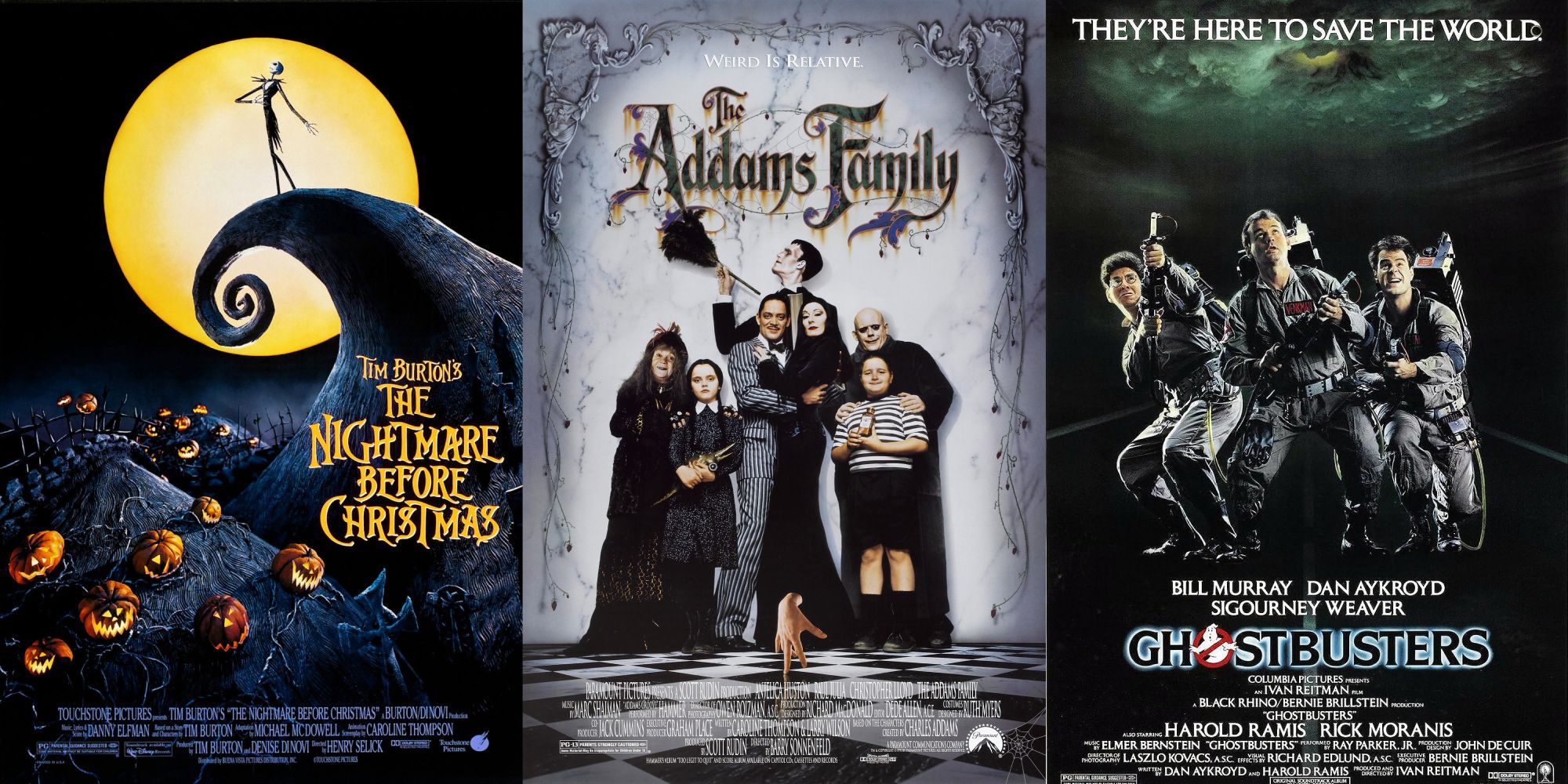 Movie posters for Nightmare Before Christmas, Addams Family and Ghostbusters