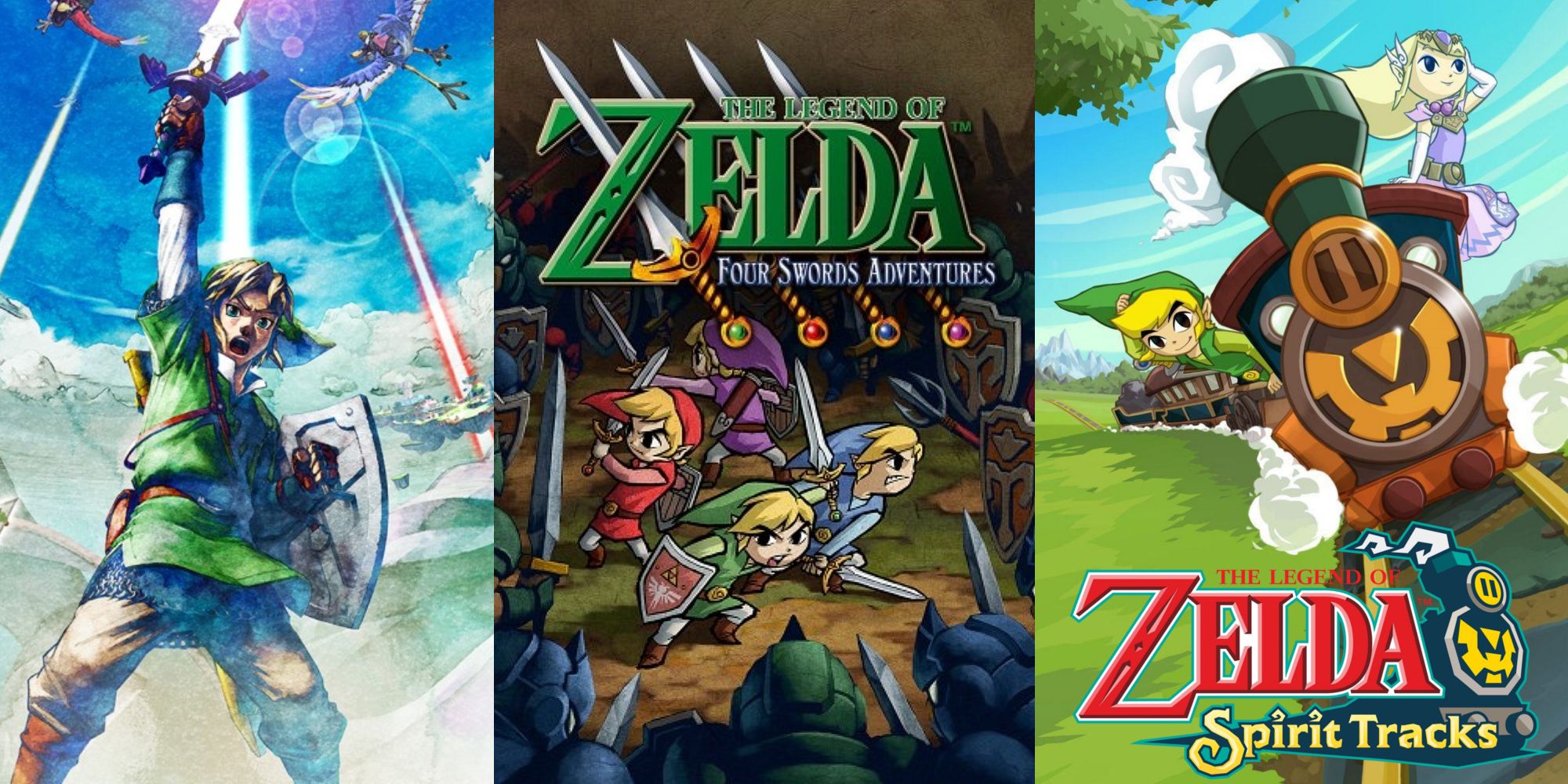 Split image cover art Skyward Sword, Four Swords Adventure, Spirit Tracks