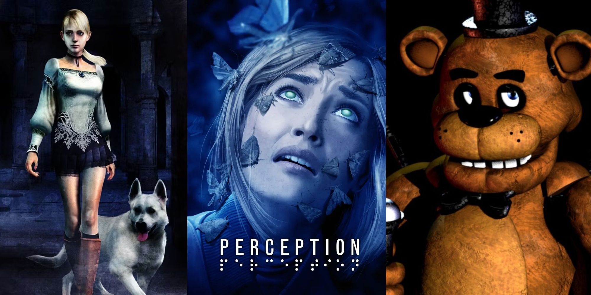 Split image: Haunting Ground, Perception, Five Nights at Freddy's