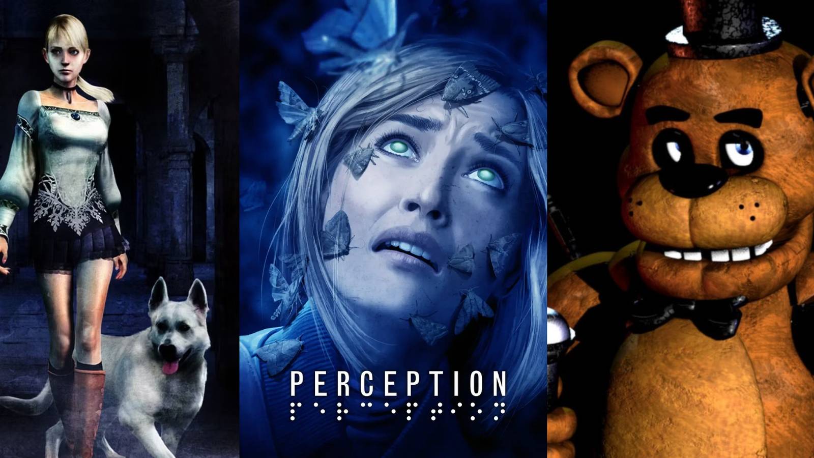 Split image: Haunting Ground, Perception, Five Nights at Freddy's