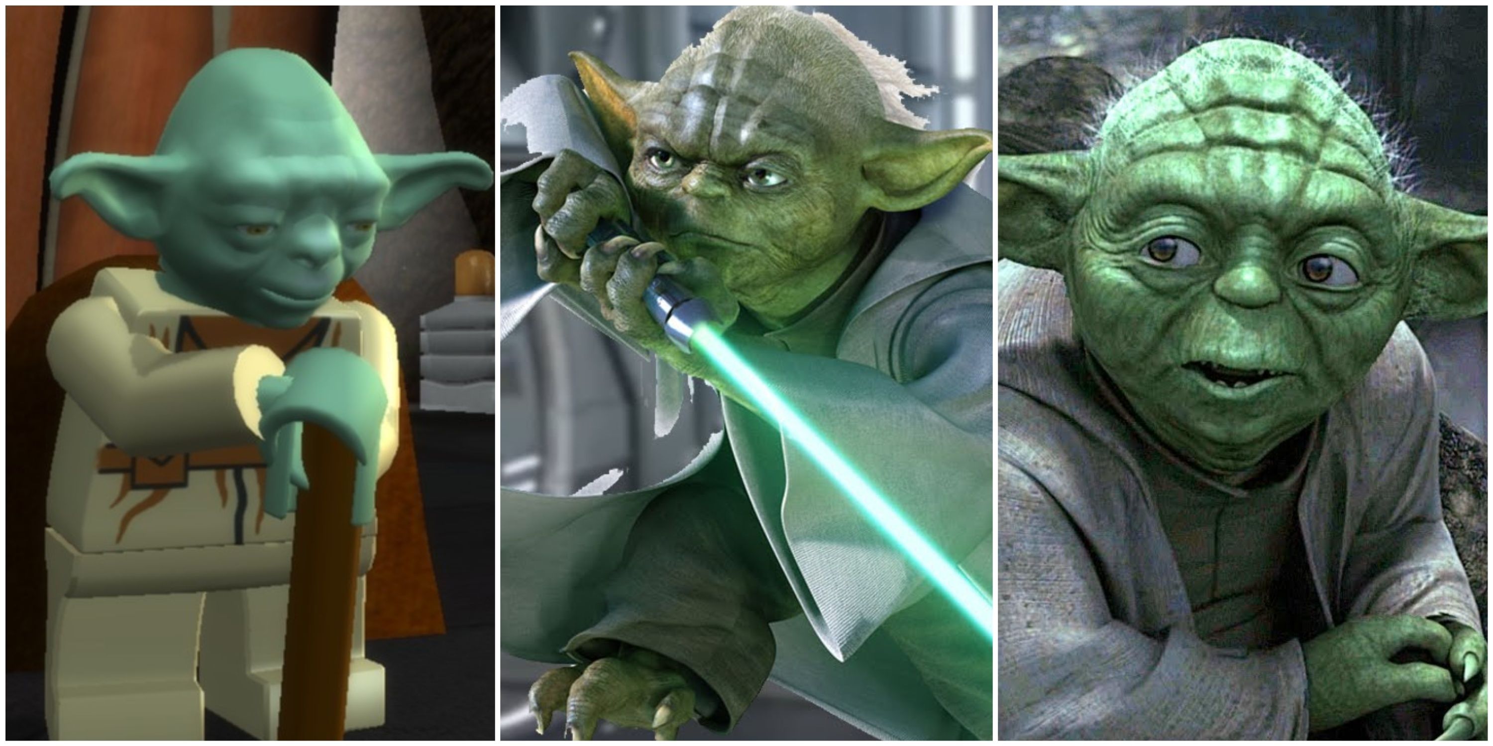 Yoda in Lego Star Wars, Soul Calibur 4, and The Force Unleashed 2