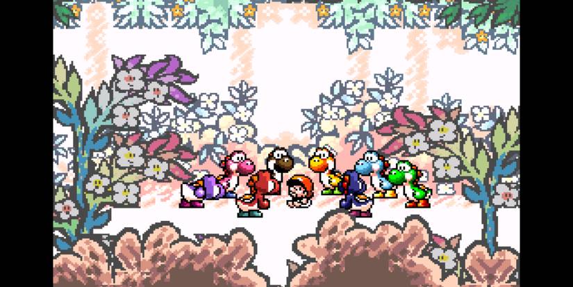 Many colored Yoshi surrounding Baby Mario