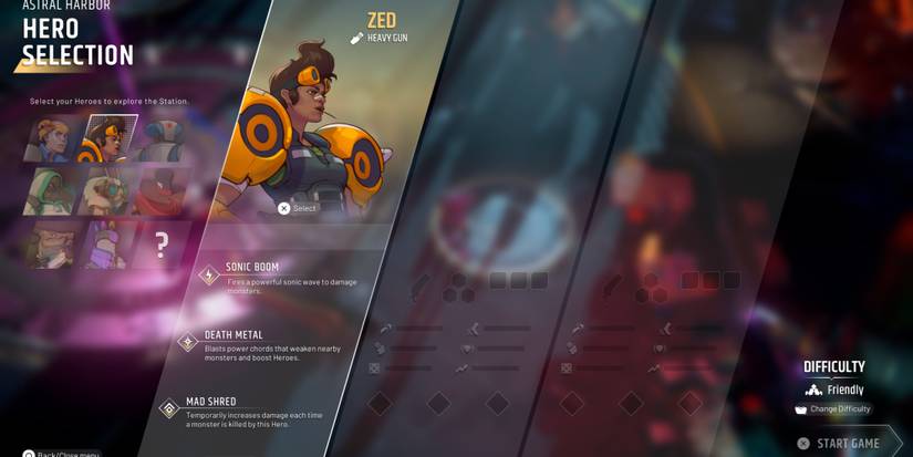 Zed in the hero selection screen of Endless Dungeon
