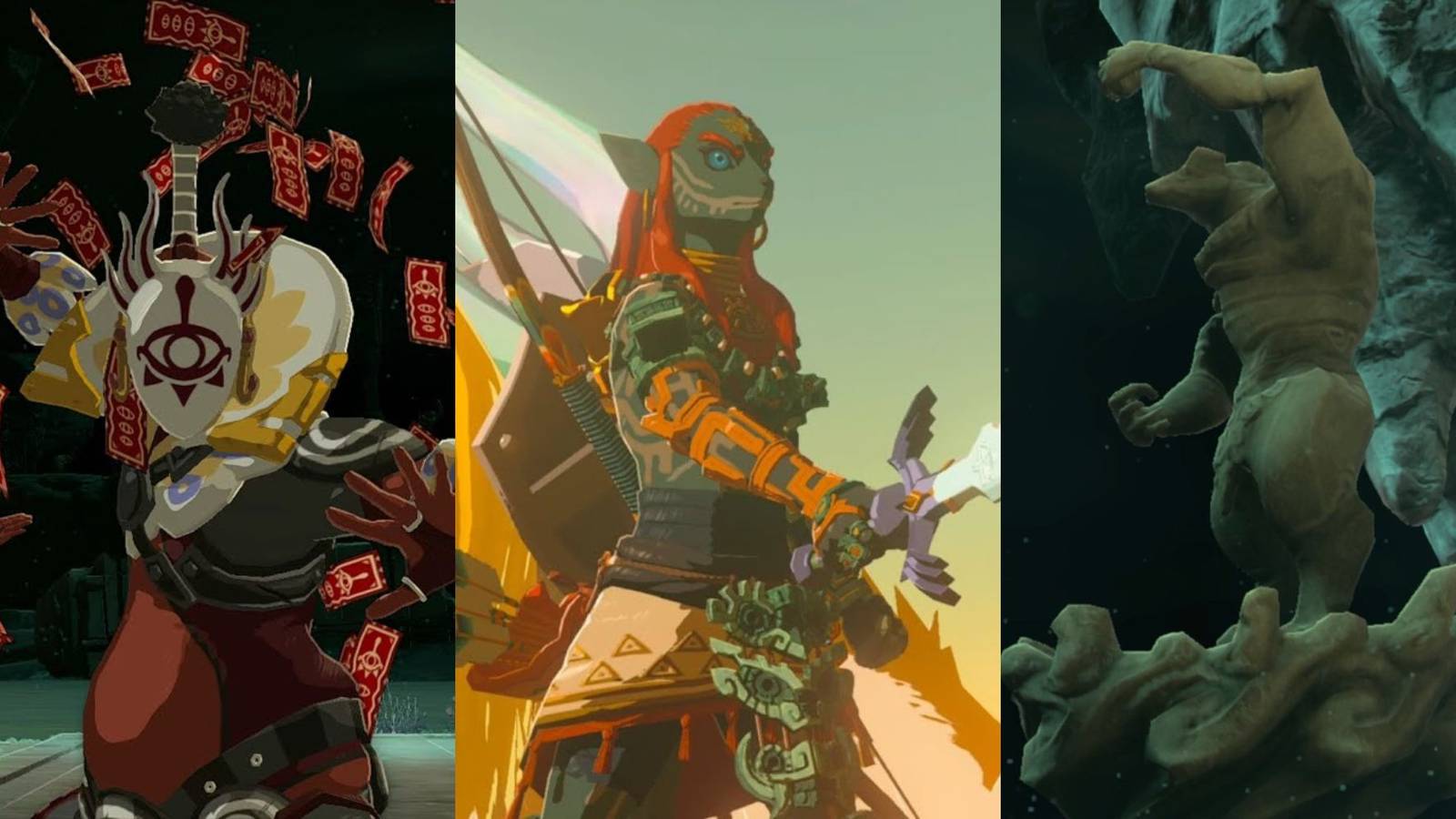 A collage with some of the unsolved mysteries from The Legend of Zelda: Tears of the Kingdom