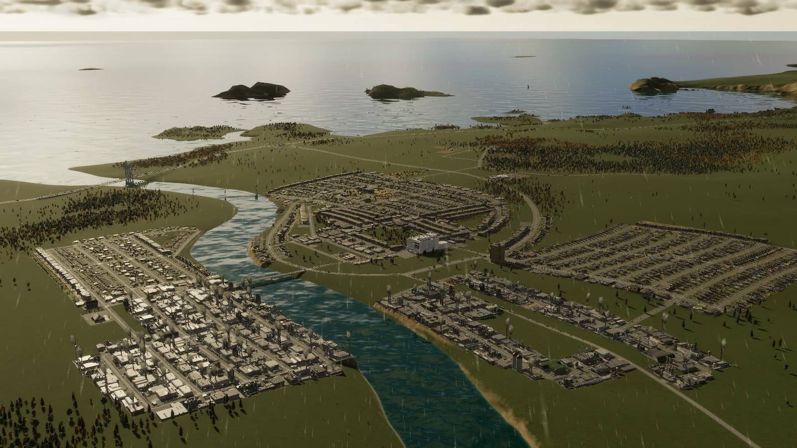 An overhead shot of a city in Cities Skylines 2