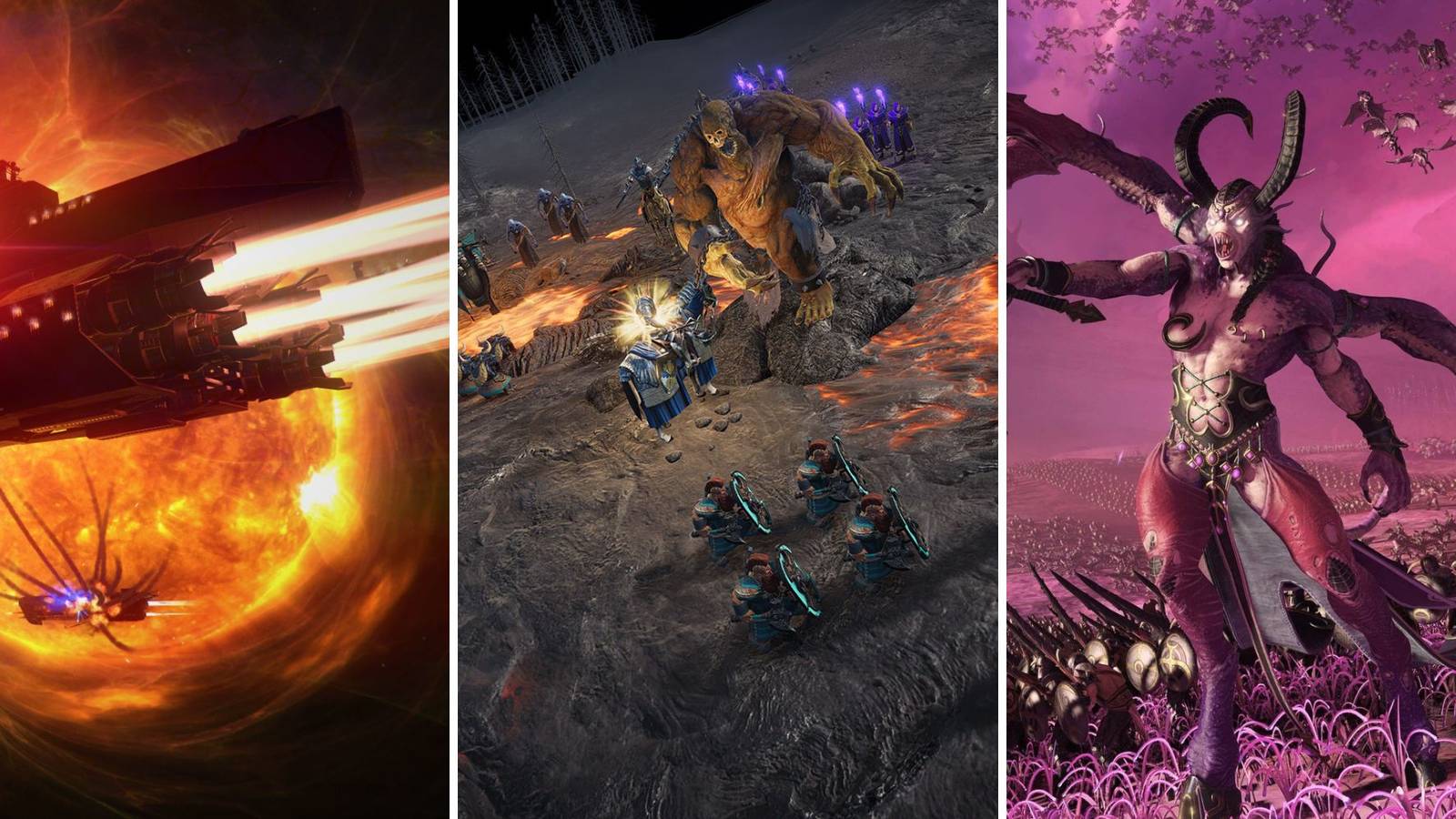 A grid showing the three grand strategy titles Endless Space 2, Spellforce: Conquest of Eo, and Total War: Warhammer 3