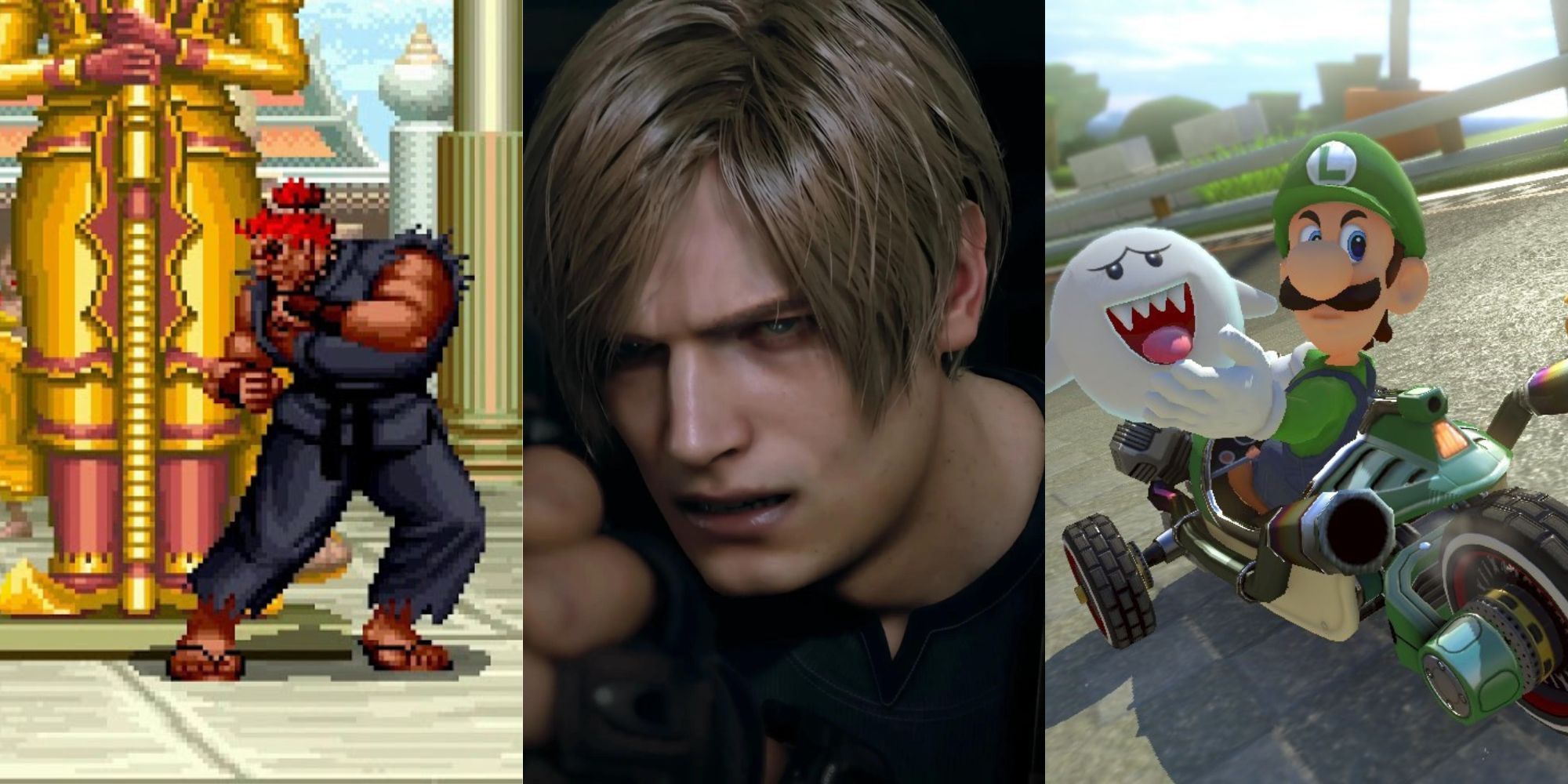 A collage of games that punish the player for playing perfectly: Super Street Fighter II Turbo, Resident Evil 4 Remake and Mario Kart 8 Deluxe