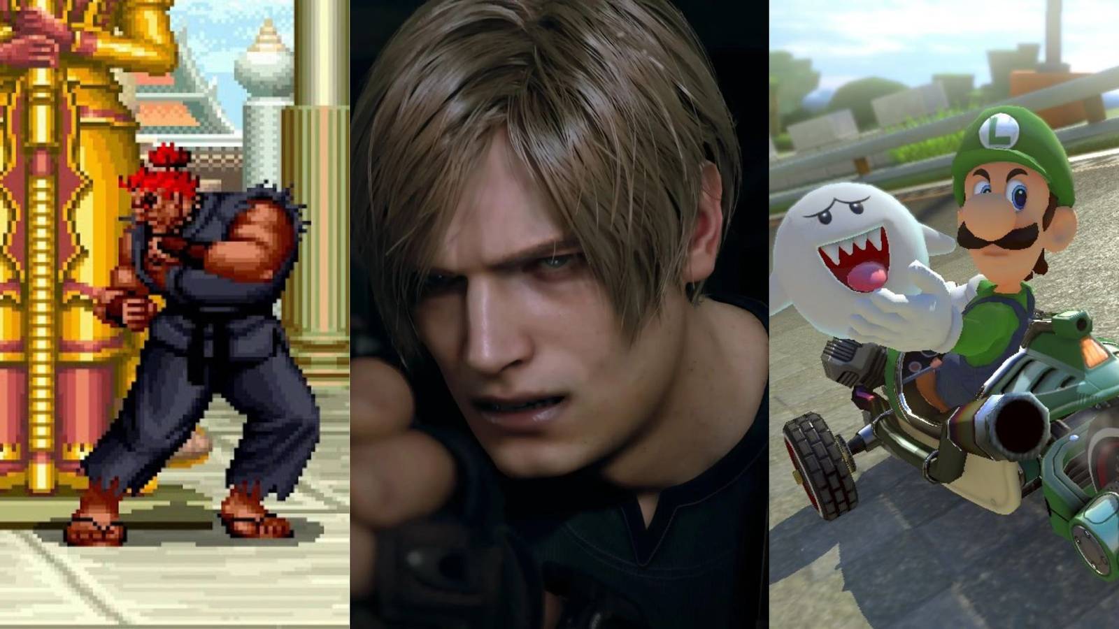 A collage of games that punish the player for playing perfectly: Super Street Fighter II Turbo, Resident Evil 4 Remake and Mario Kart 8 Deluxe