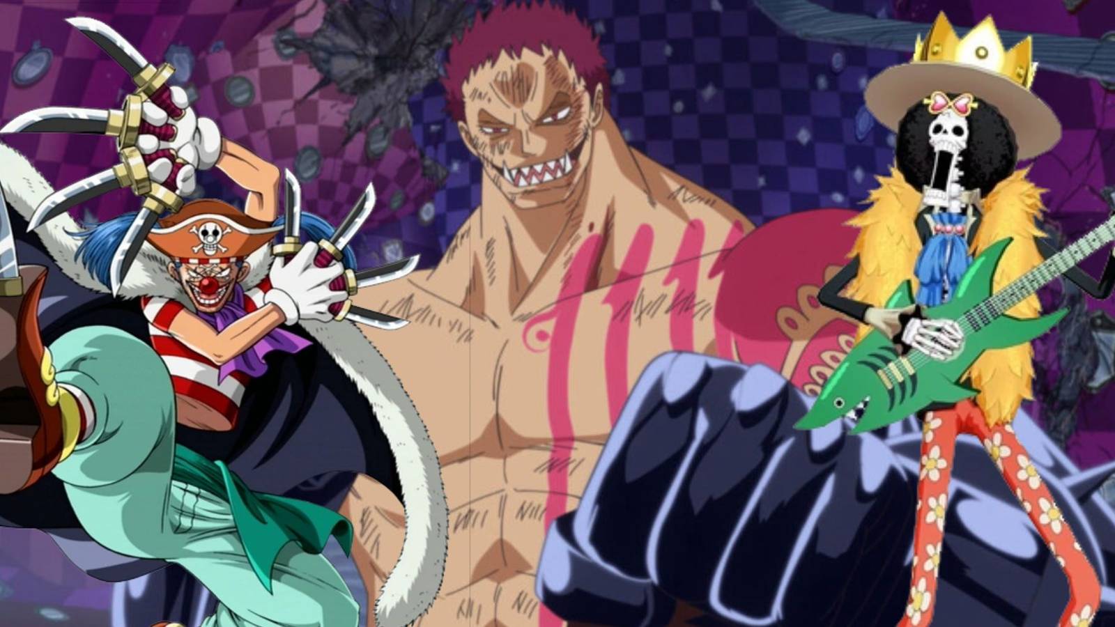 Some One Piece characters who are better in the Anime: Buggy the Clown, Charlotte Katakuri and Soul King Brook