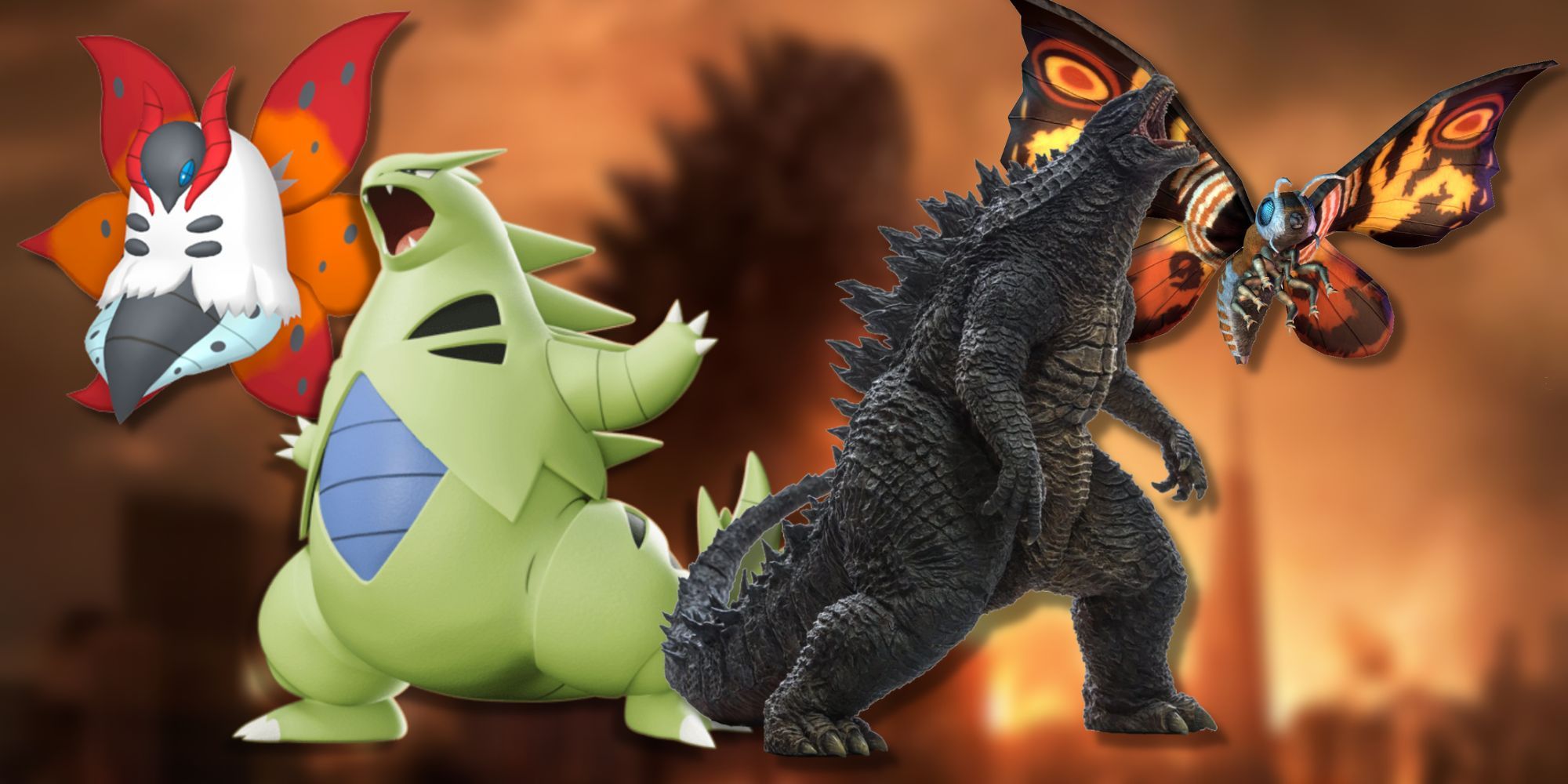 A collage featuring a comparison between Volcarona & Mothra, and Tyranitar & Godzilla