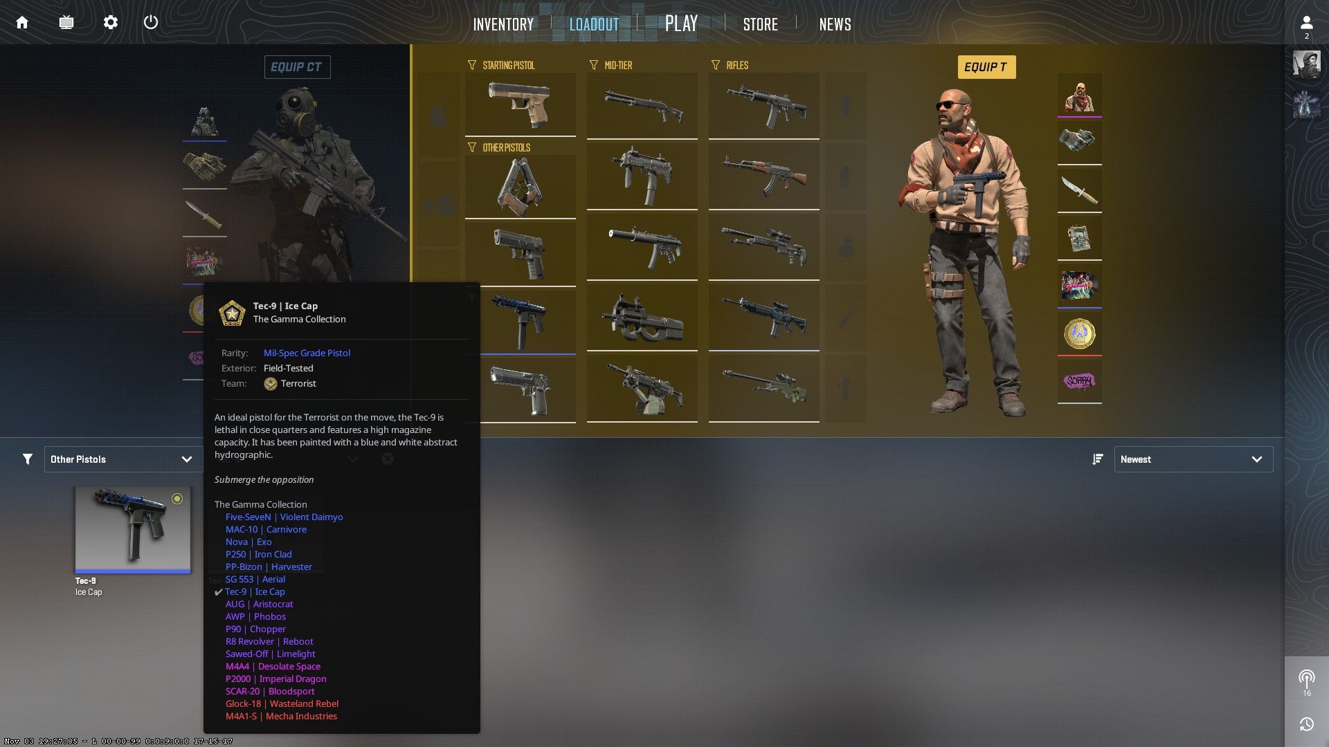 Counter Strike 2 Loadout Screen Equip Skins Cosmetics Terrorist Side Tec-9 CS2