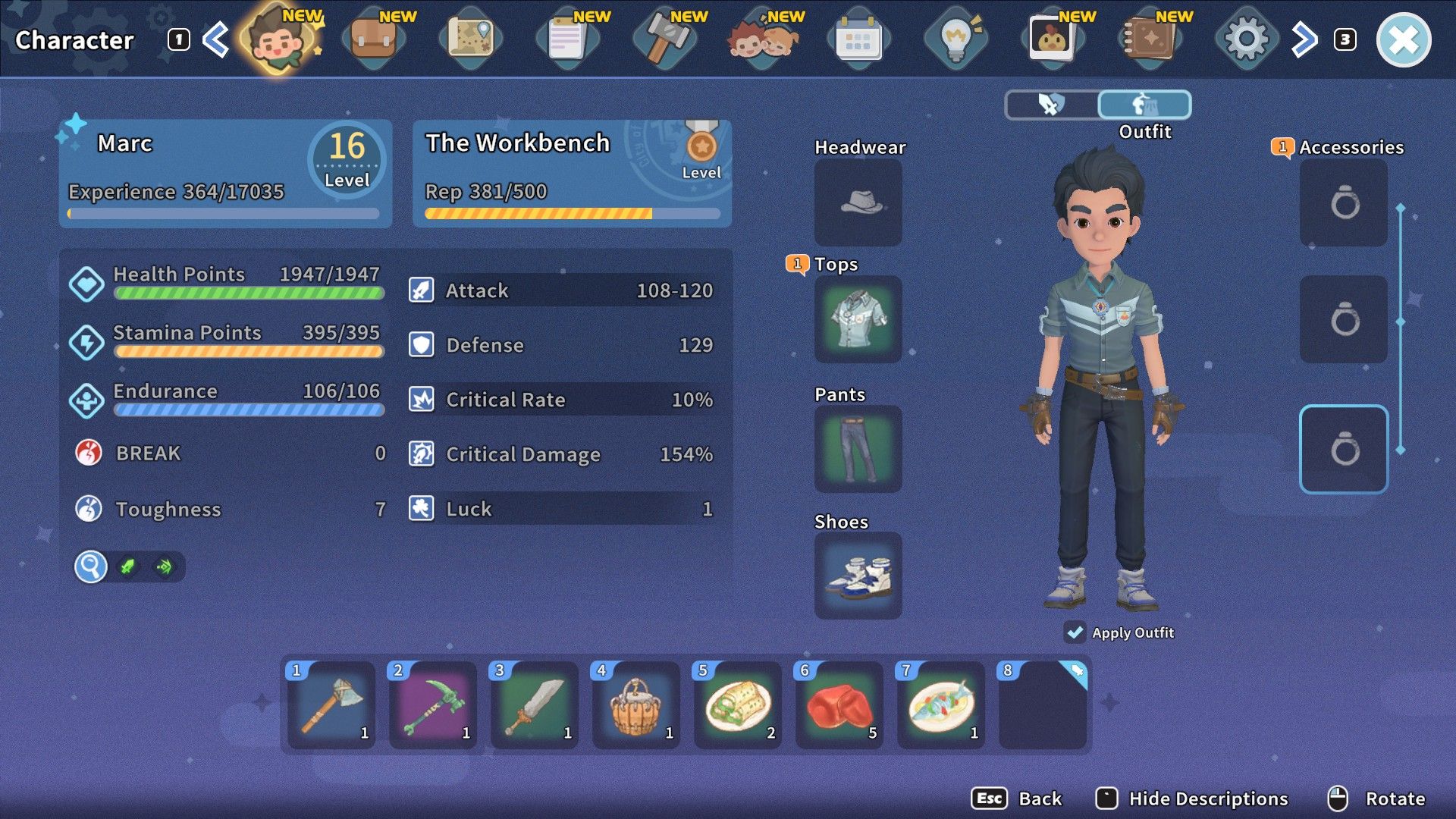 The outfit customization menu in My Time At Sandrock