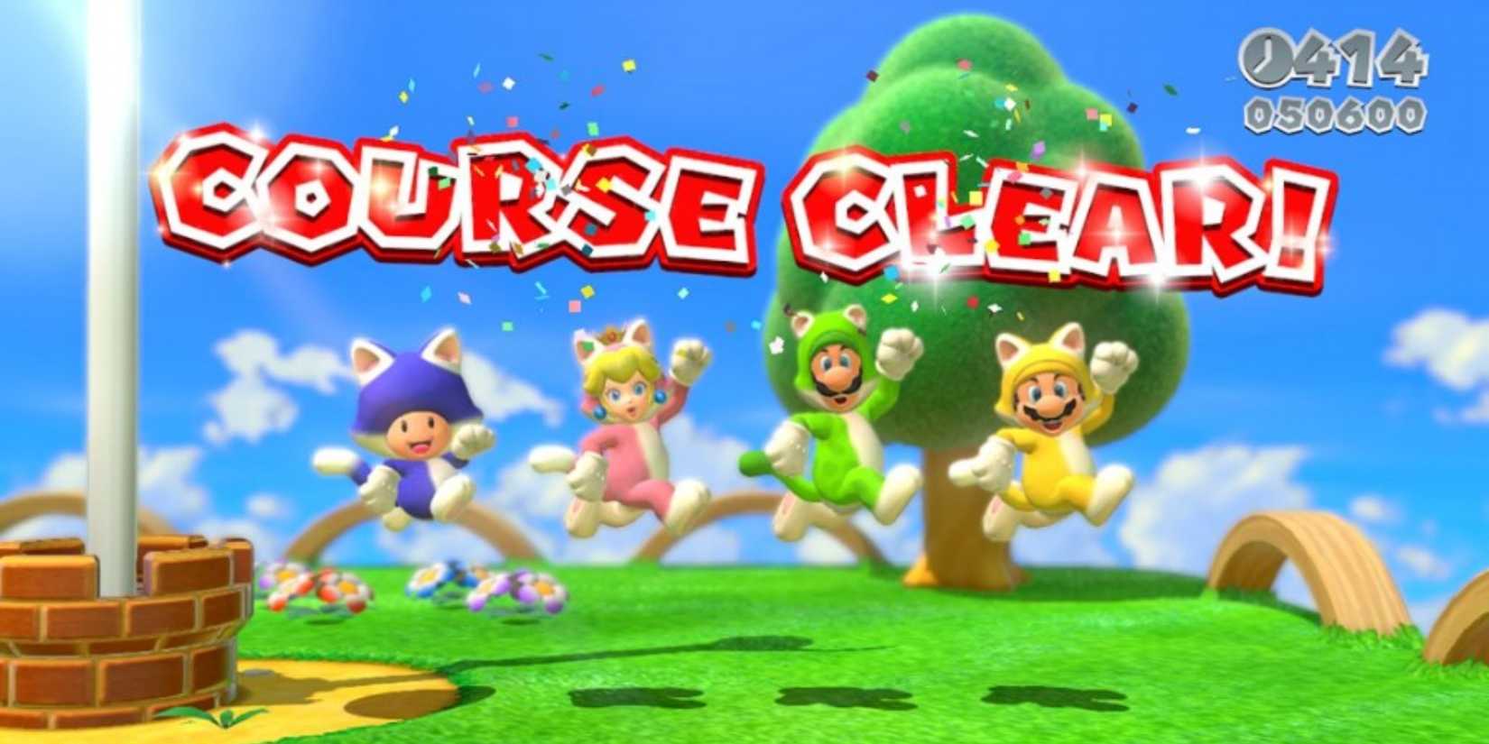 Toad, Peach, Luigi, and Mario clearing a course in cat suits