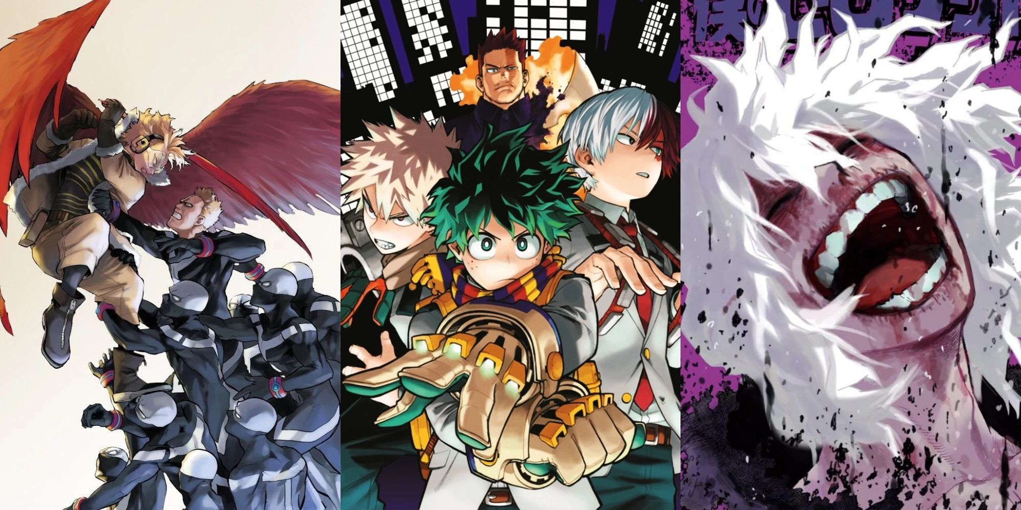 A collage of some My Hero Academia Arcs that are better in the manga: The Paranormal Liberation War Arc, The Endeavor Agency Arc and The 5. Meta Liberation Army Arc.