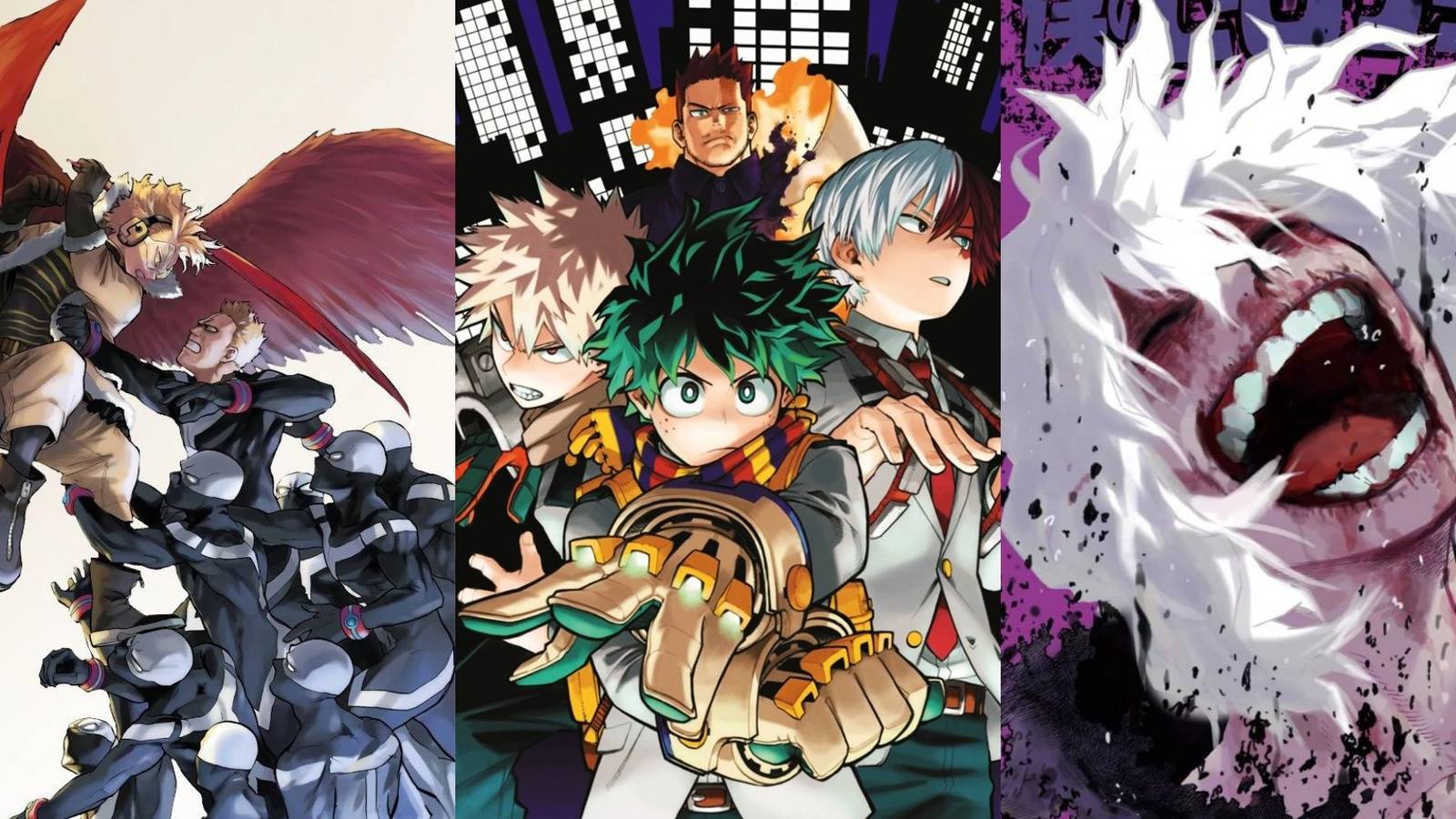 A collage of some My Hero Academia Arcs that are better in the manga: The Paranormal Liberation War Arc, The Endeavor Agency Arc and The 5.	Meta Liberation Army Arc.