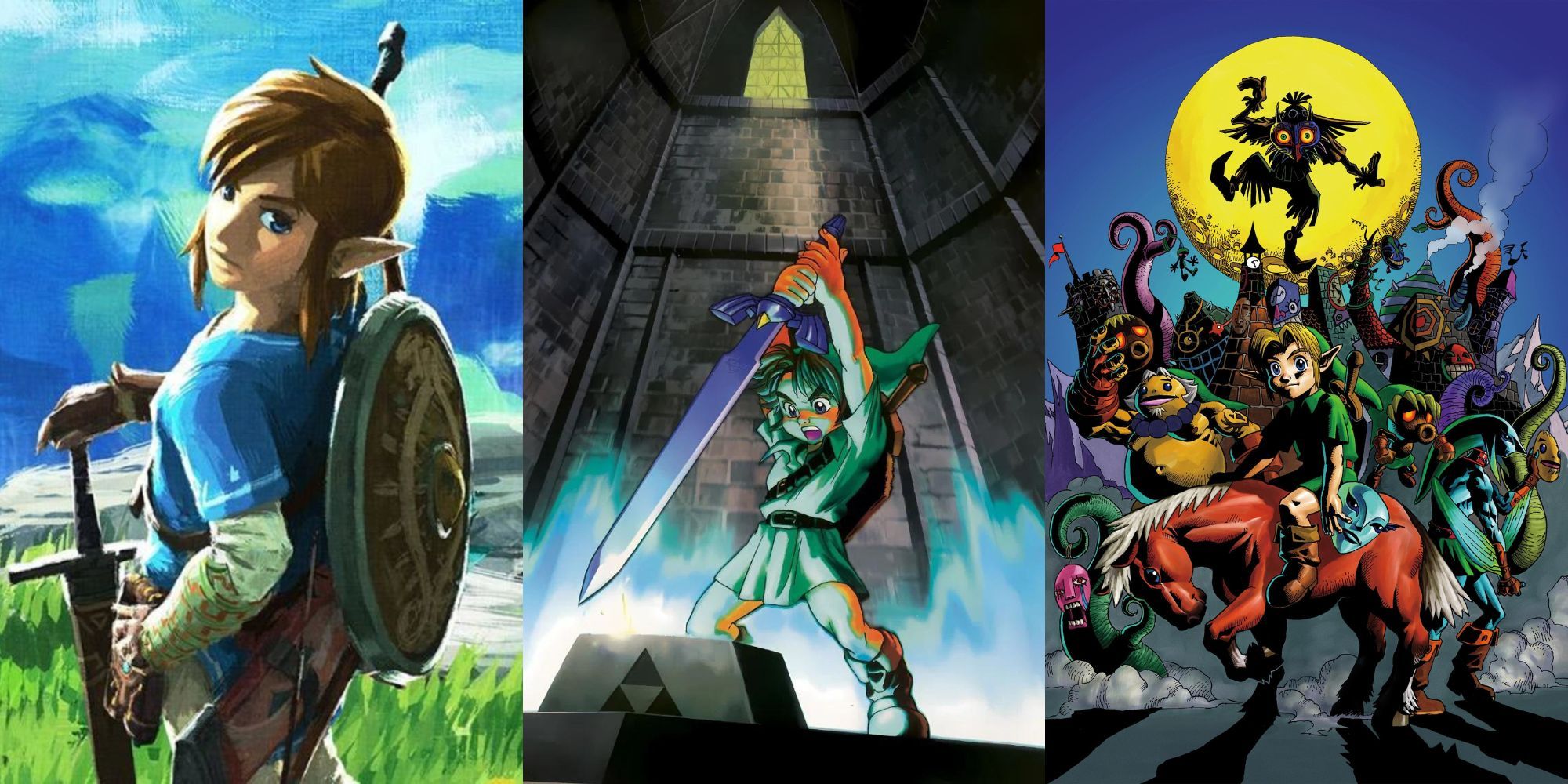 A collage of Legend of Zelda Games the upcoming movie could adapt: Breath of the Wild, Ocarina of Time and Majora's Mask