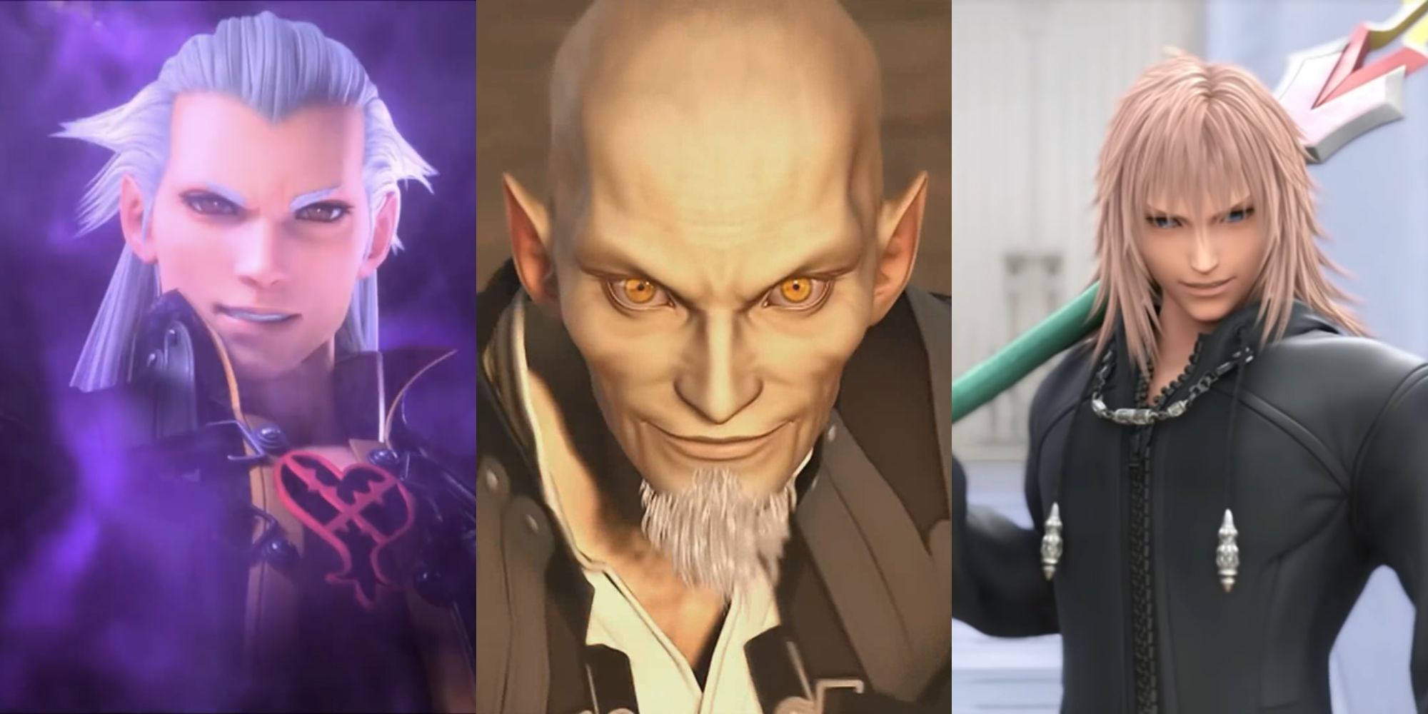 Un collage de certains des meilleurs méchants de la franchise Kingdom Hearts : Ansem, le chercheur des ténèbres, Maître Xehanort et Marluxia.