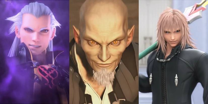 A collage of some of the best villains in the Kingdom Hearts franchise: Ansem, Seeker of Darkness, Master Xehanort and Marluxia