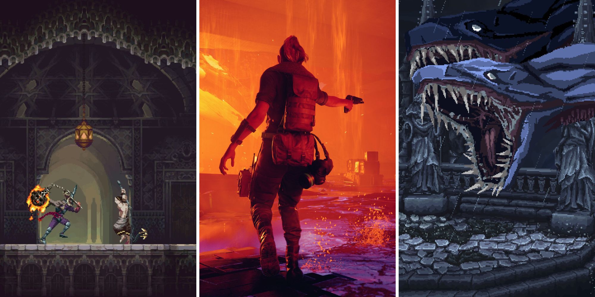 A grid showing the horror Metroidvania games Blasphemous 2, Control, and The Last Faith