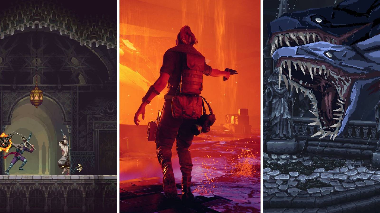 A grid showing the horror Metroidvania games Blasphemous 2, Control, and The Last Faith