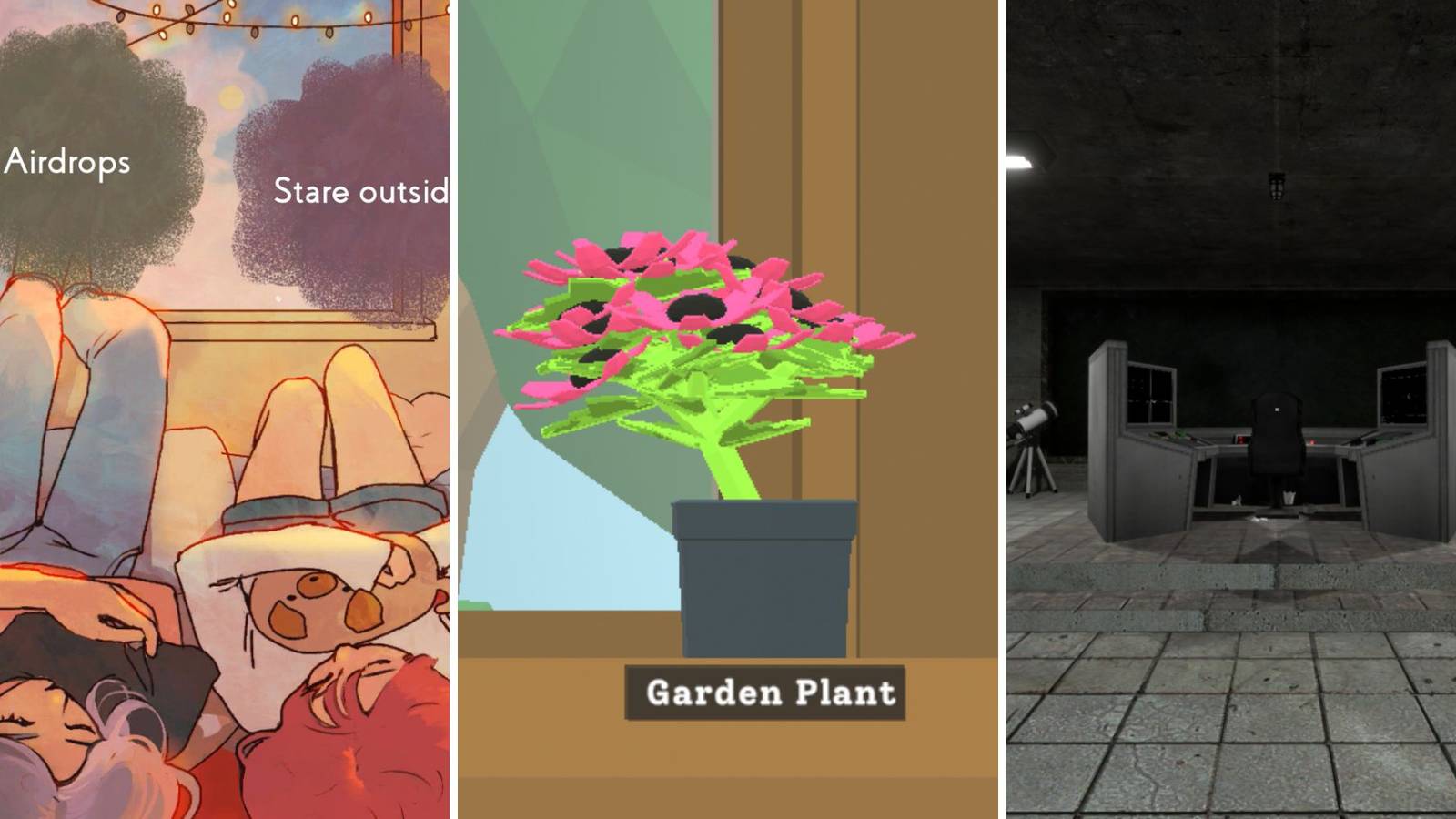 A grid of images from the simulation games Missed Messages, Plant Daddy, and Voices of the Void
