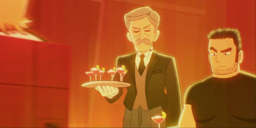 A waiter and Lucas in Scott Pilgrim Takes Off