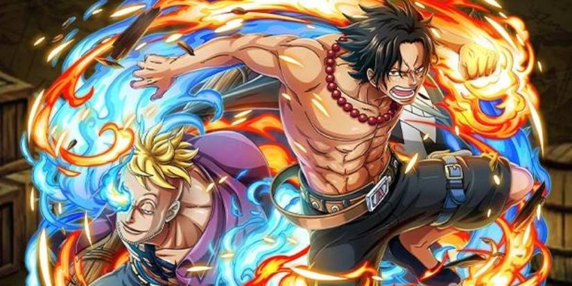 Portgas D. Ace and Marco covered in flames, as seen in One Piece: Treasure Cruise