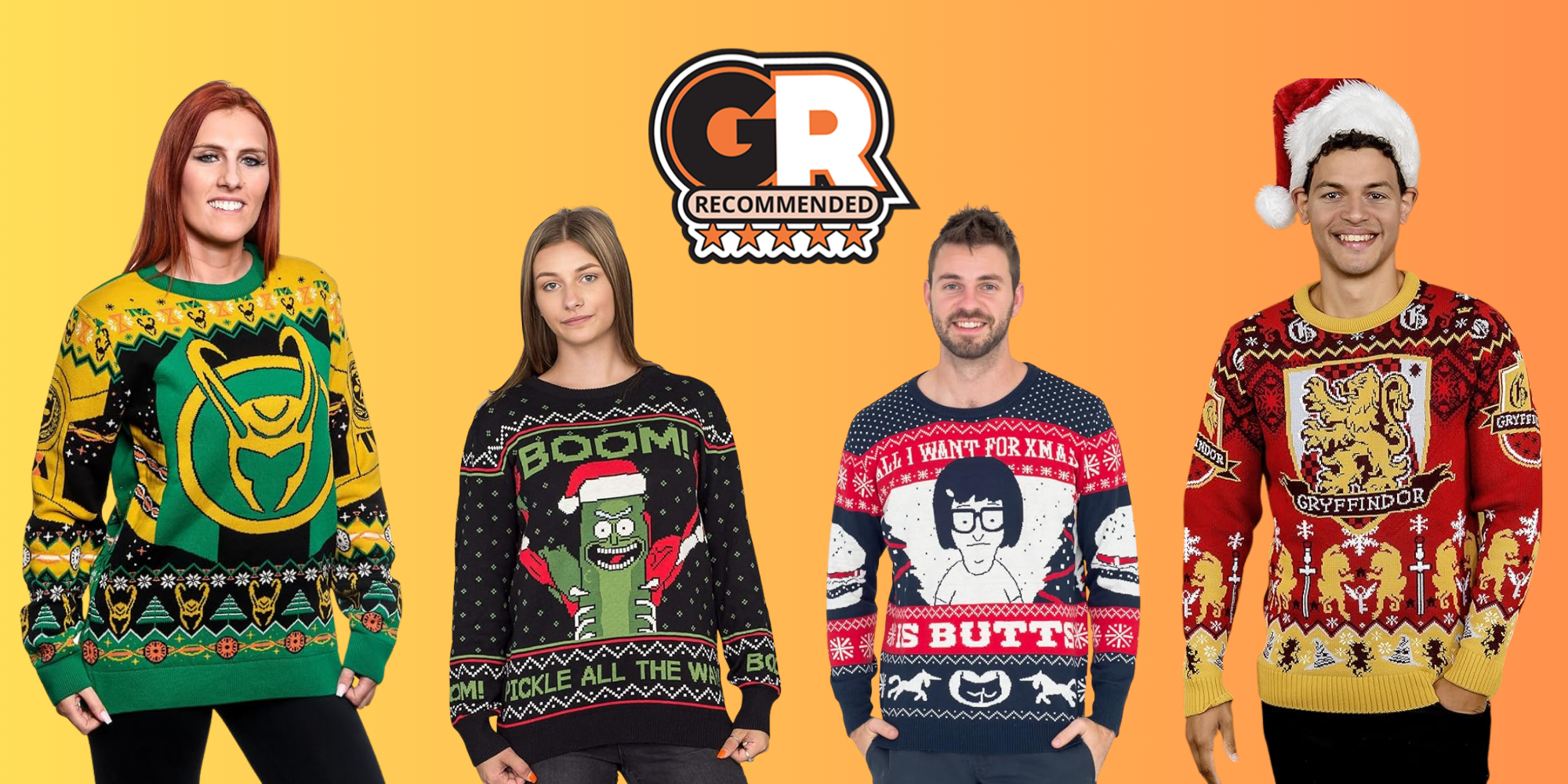 This image features four ugly Christmas sweaters from Loki, Bob's Burgers, Harry Potter, and Rick and Morty. 