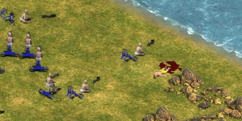 A pack of babies on tricycles armed with shotguns near the coast