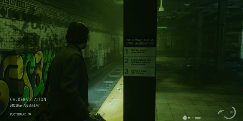 Alan Wake 2 caldera station standing at the edge of a platform