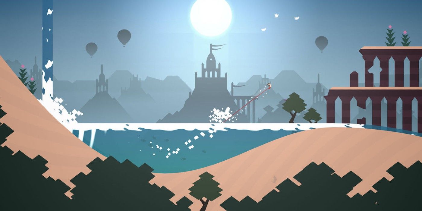 Alto's Odyssey avatar blasting out of lake in moonlight with castle 