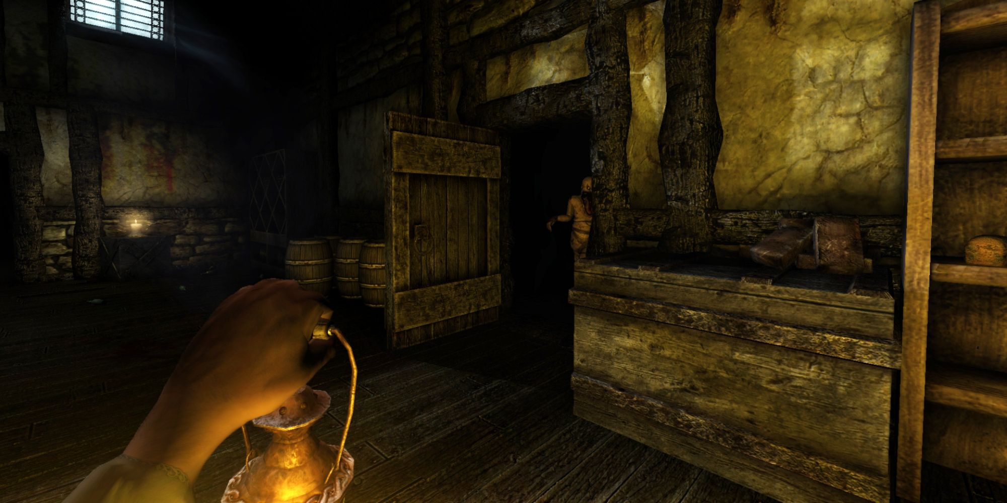 A hand holding a lantern near a door with a zombie inside