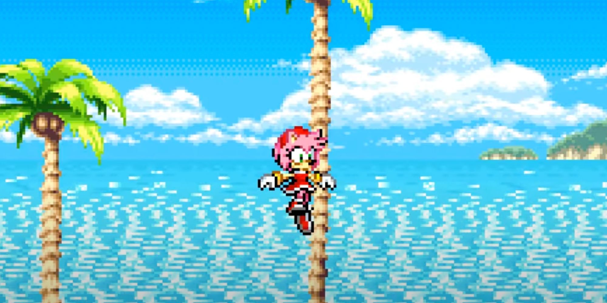 Amy de Sonic Advance cayendo por el aire, con palmeras y el mar detrás de ella.