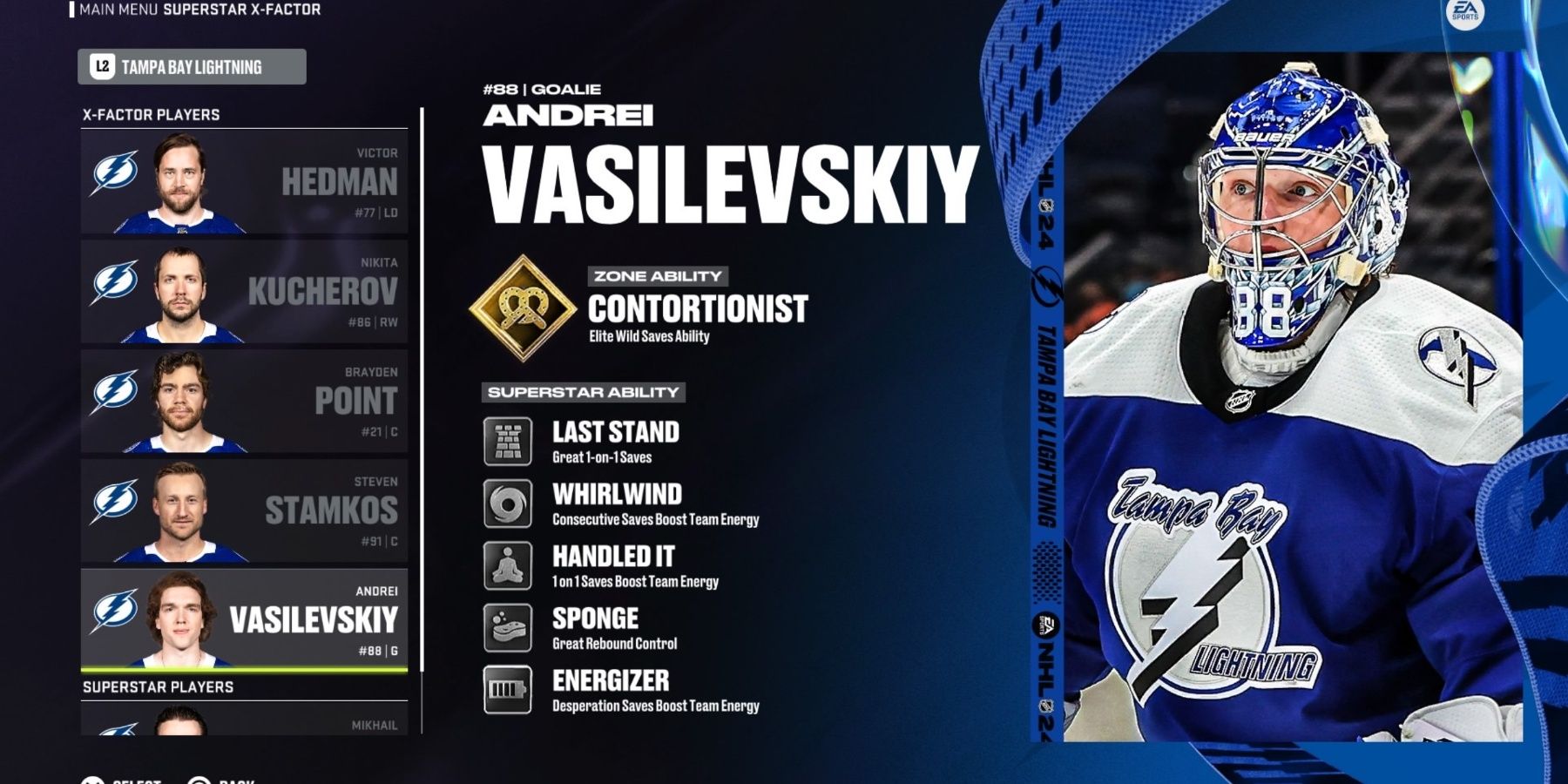 Una pantalla que muestra las habilidades de superestrella de Andrei Vasilevskiy en NHL 24