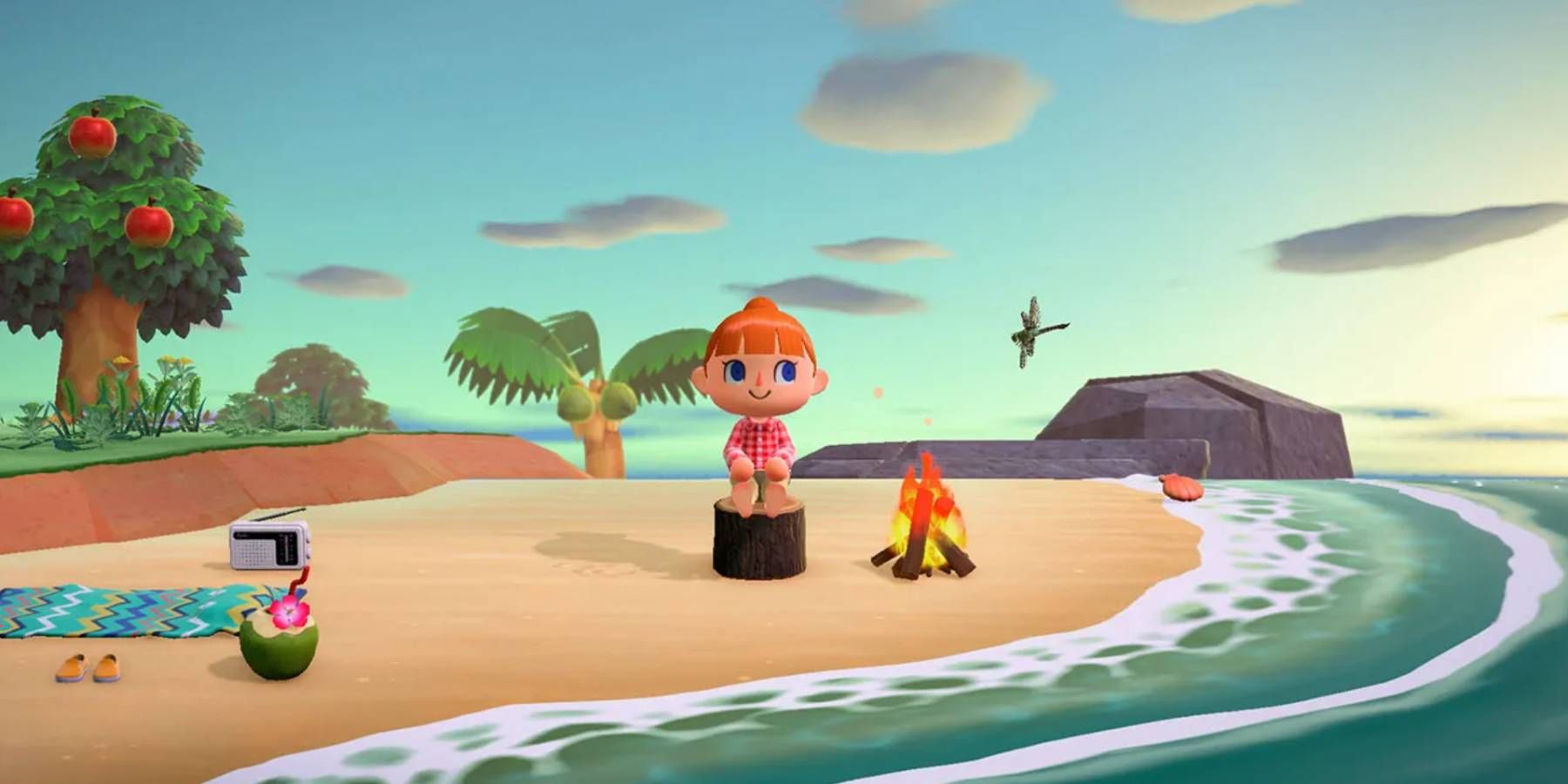 A villager relaxing at the beach in Animal Crossing: New Horizons