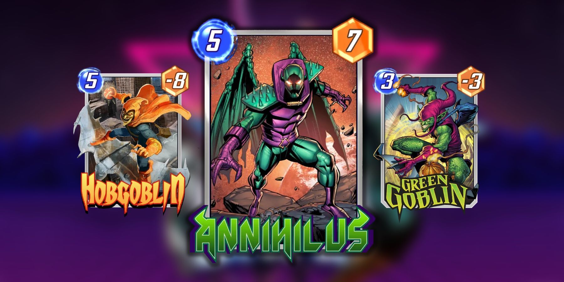 annihilus, hobgoblin, green goblin cards in marvel snap.