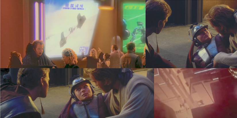 the Outlander Club, anakin and obi-wan with Zam Wesell, and tie fighters at a distance