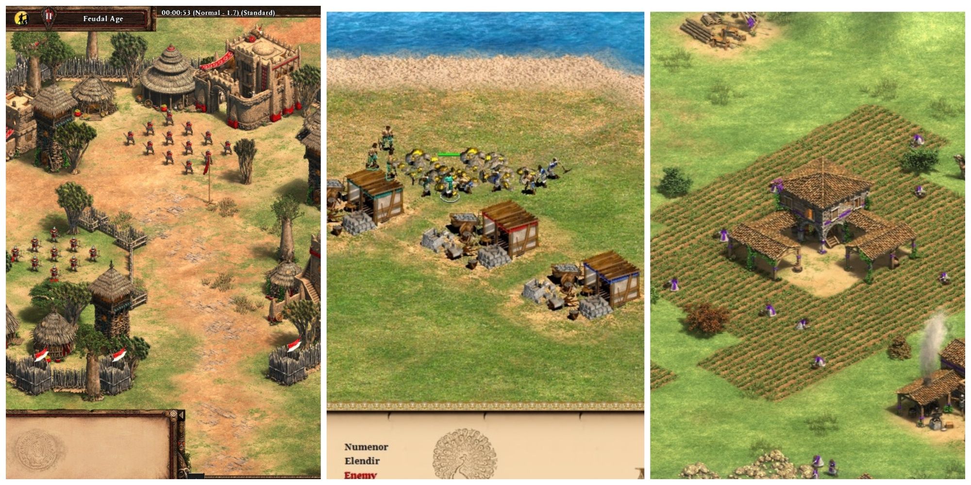 A tri-split of archers, gold mines and farms in Age Of Empires 2