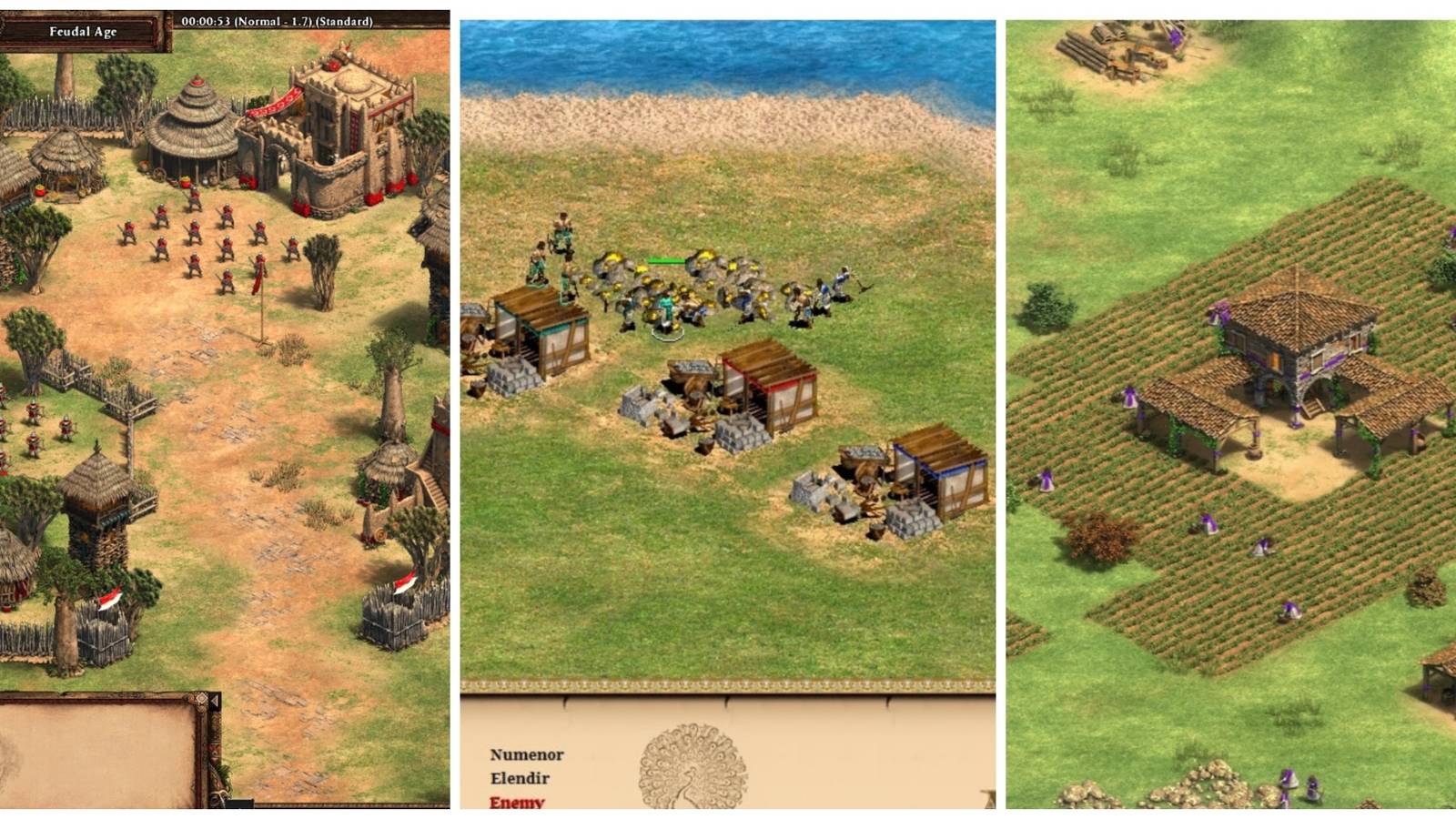 A tri-split of archers, gold mines and farms in Age Of Empires 2