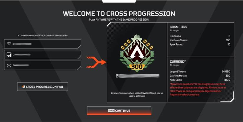 Apex Legends Cross Progression window