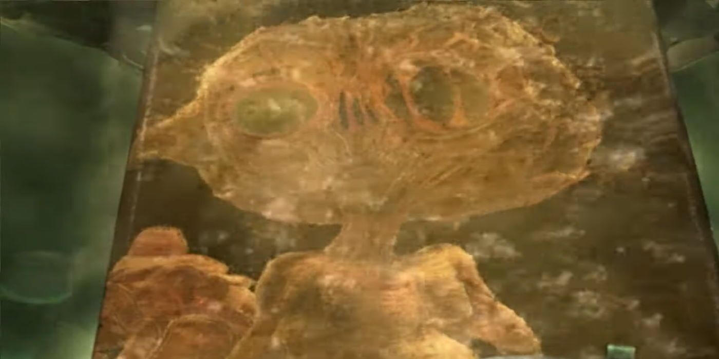 An distorted-looking alien appearing in an incubator in a secret laboratory