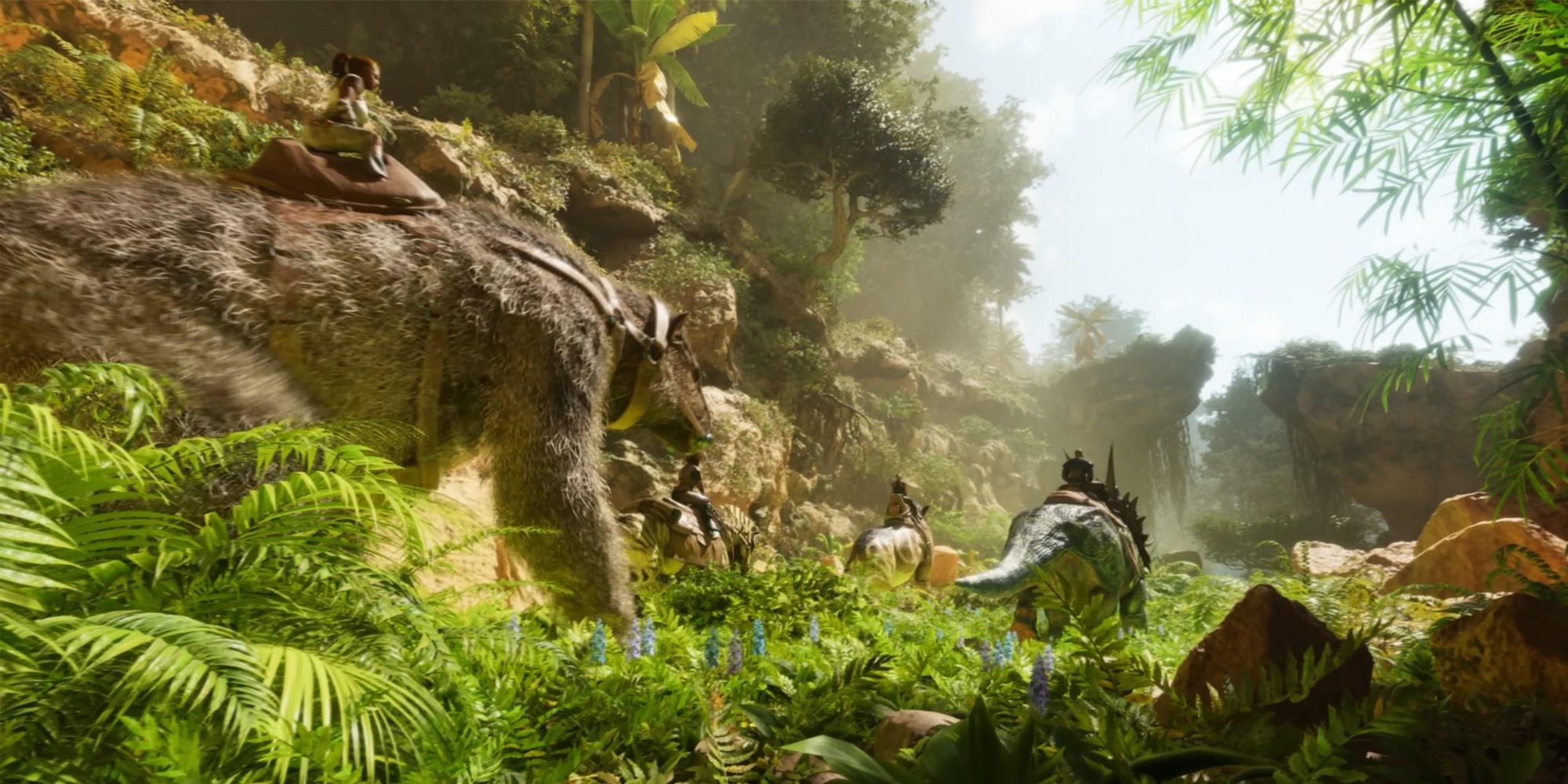 Jugadores ascendidos de ARK Survival montando dinosaurios